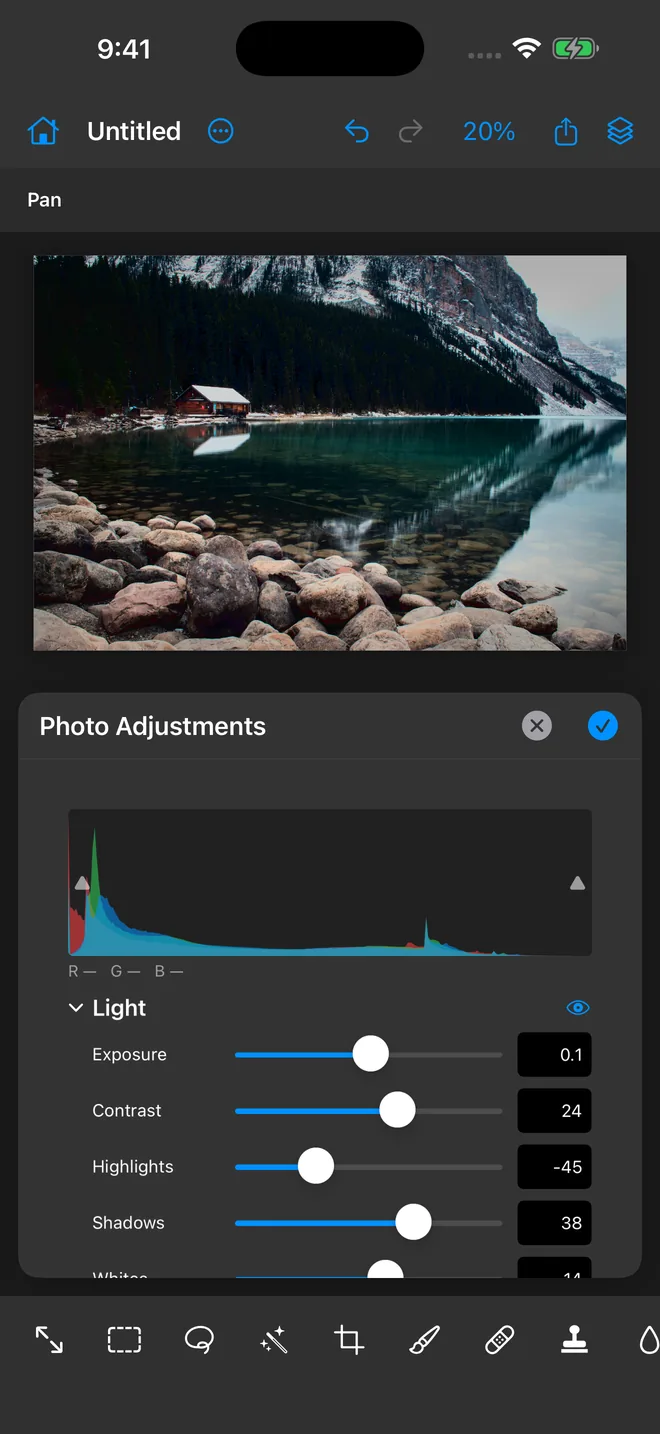 Orno on iPhone showing the edited lake photo above an open Photo Adjustments panel, with tools along the bottom.