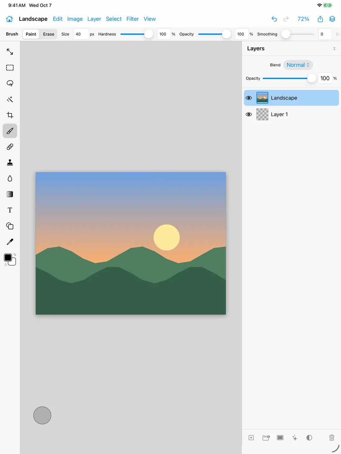 iPad editor screenshot with the layers panel open on the right and floating panels over the canvas.