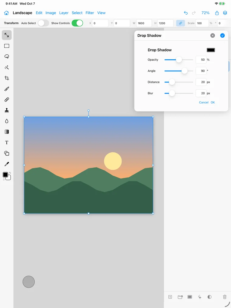 Editor with the drop shadow layer style panel open over the canvas.