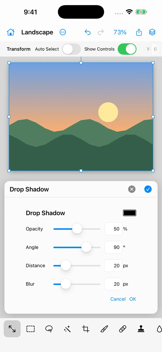 iPhone drop shadow panel open over a layer.